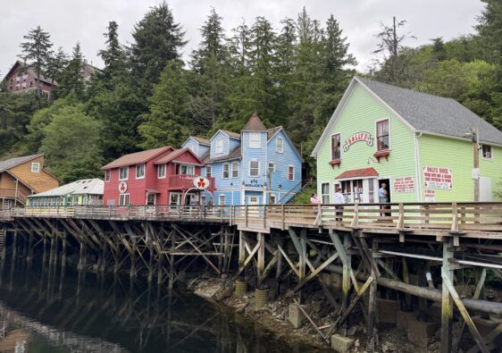 Creek Street in Ketchikan, Alaska with colorful boardwalk shops.