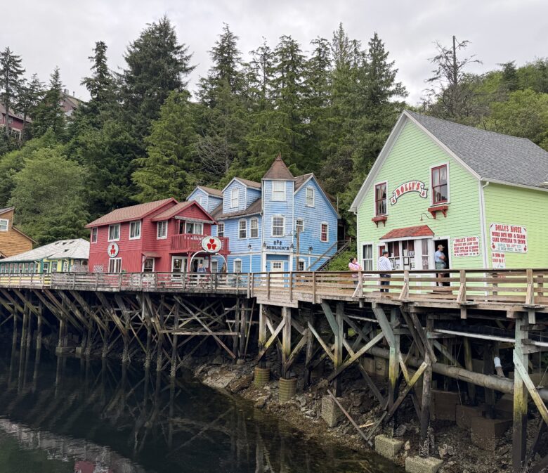 Creek Street in Ketchikan, Alaska with colorful boardwalk shops.